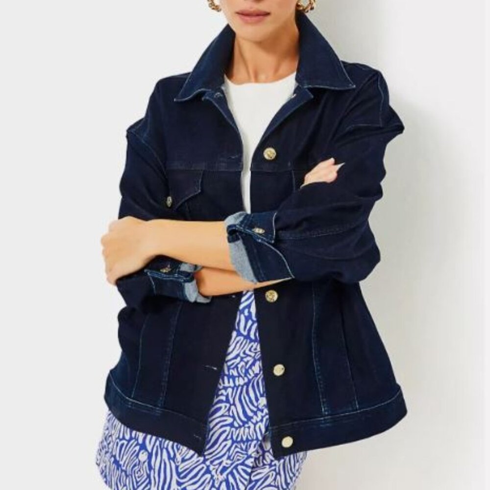 NWT $178 Lilly Pulitzer Brixley Denim Jacket Cosmic Wash Size S / M